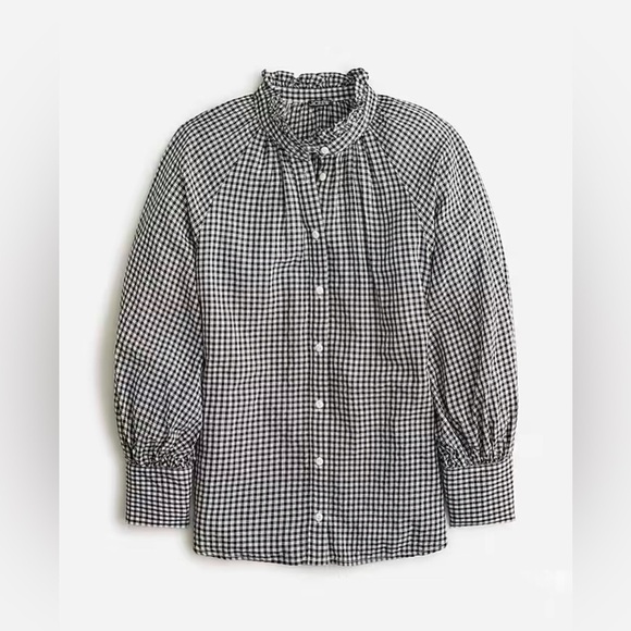 J.Crew Ruffleneck Button-up Shirt in Black and White Plaid Soft Gauze Size 14 - Picture 2 of 12